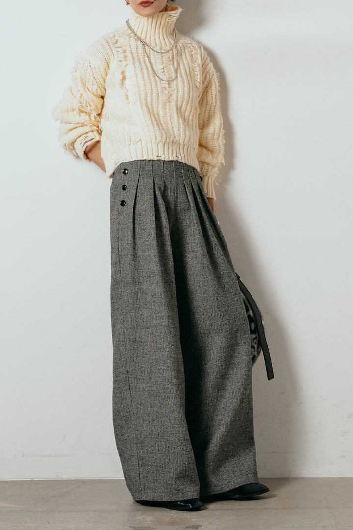 [SET]フリンジタートルショートニット+サイドボタンツイードタックパンツ(2set)