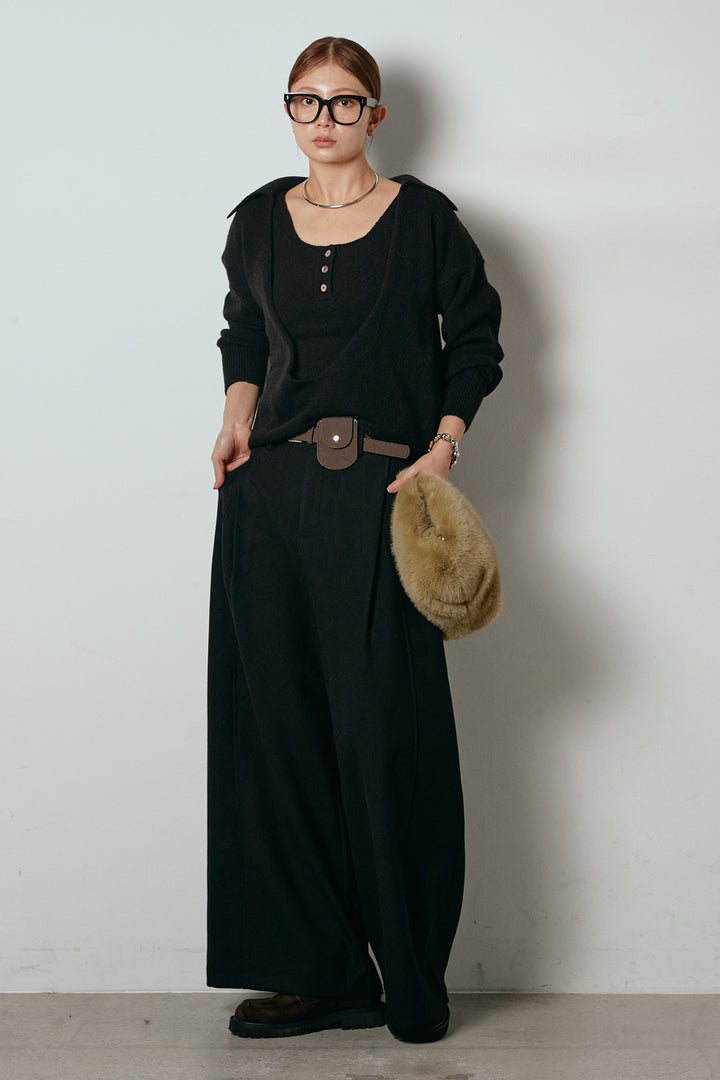 [SET]襟付きレイヤードニットトップス+ポーチベルト付きカーブパンツ(2set)