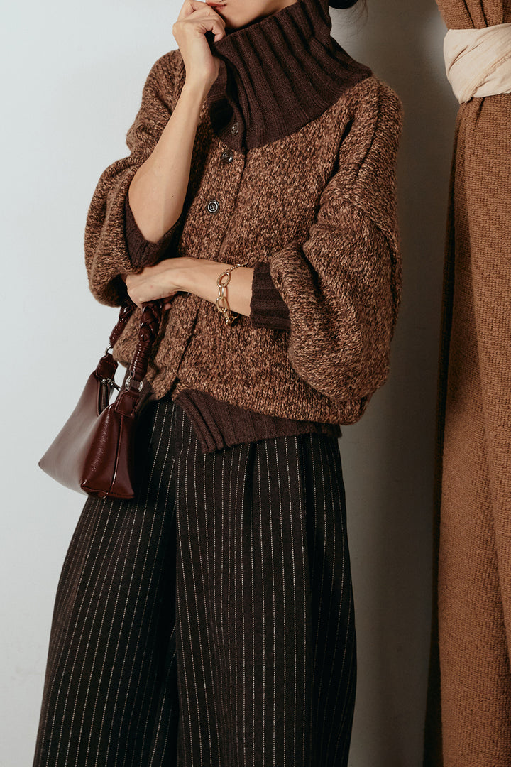 [SET]ハイネックミックスニットカーディガン+ウールライクストライプパンツ(2set)