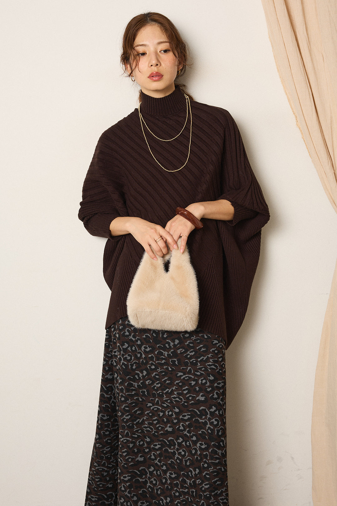 [SET]アシメデザインリブポンチョニットトップス+レオパードロングスカート(2set)