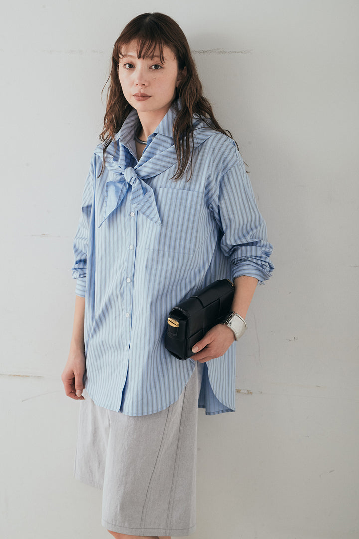 [SET]ランダムストライプスカーフ付きシャツ+デニムハーフパンツ(2set)