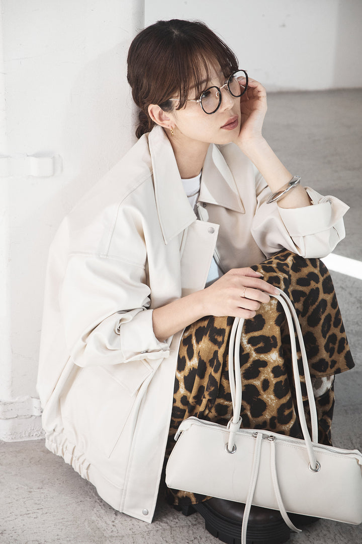 [SET]レザーライクオーバーサイズブルゾン+レオパードサテンナロースカート(2set)