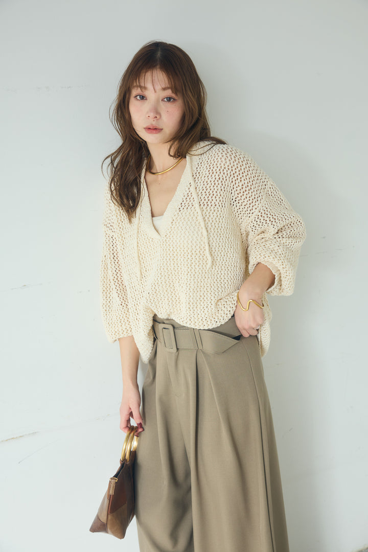 【即納】ミックスメッシュキーネックプルオーバー