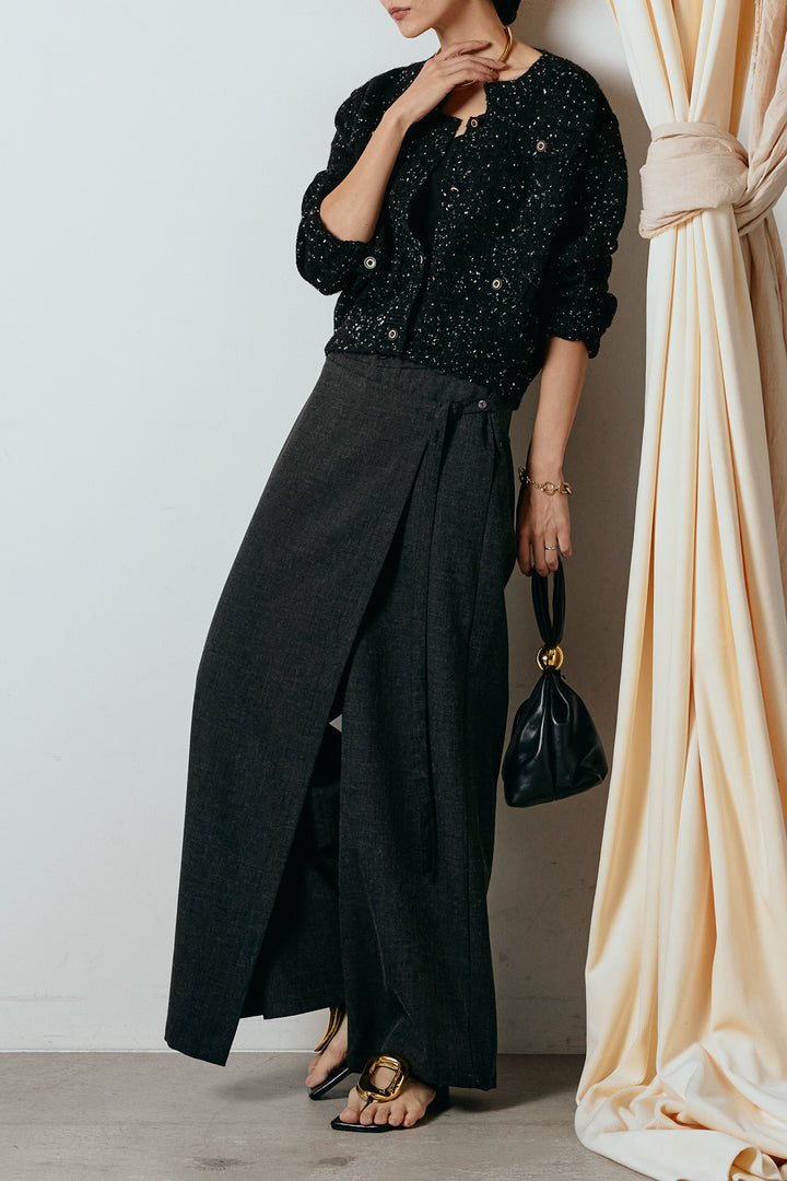 [SET]ネップニットカーディガン+ラップ巻きワイドスラックス(2set)