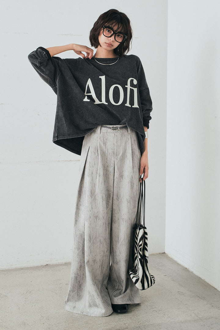 [SET]裾センタードロストロゴプリントワイドTシャツ+紐ベルト付きかすれ柄ワイドスラックス(2set)