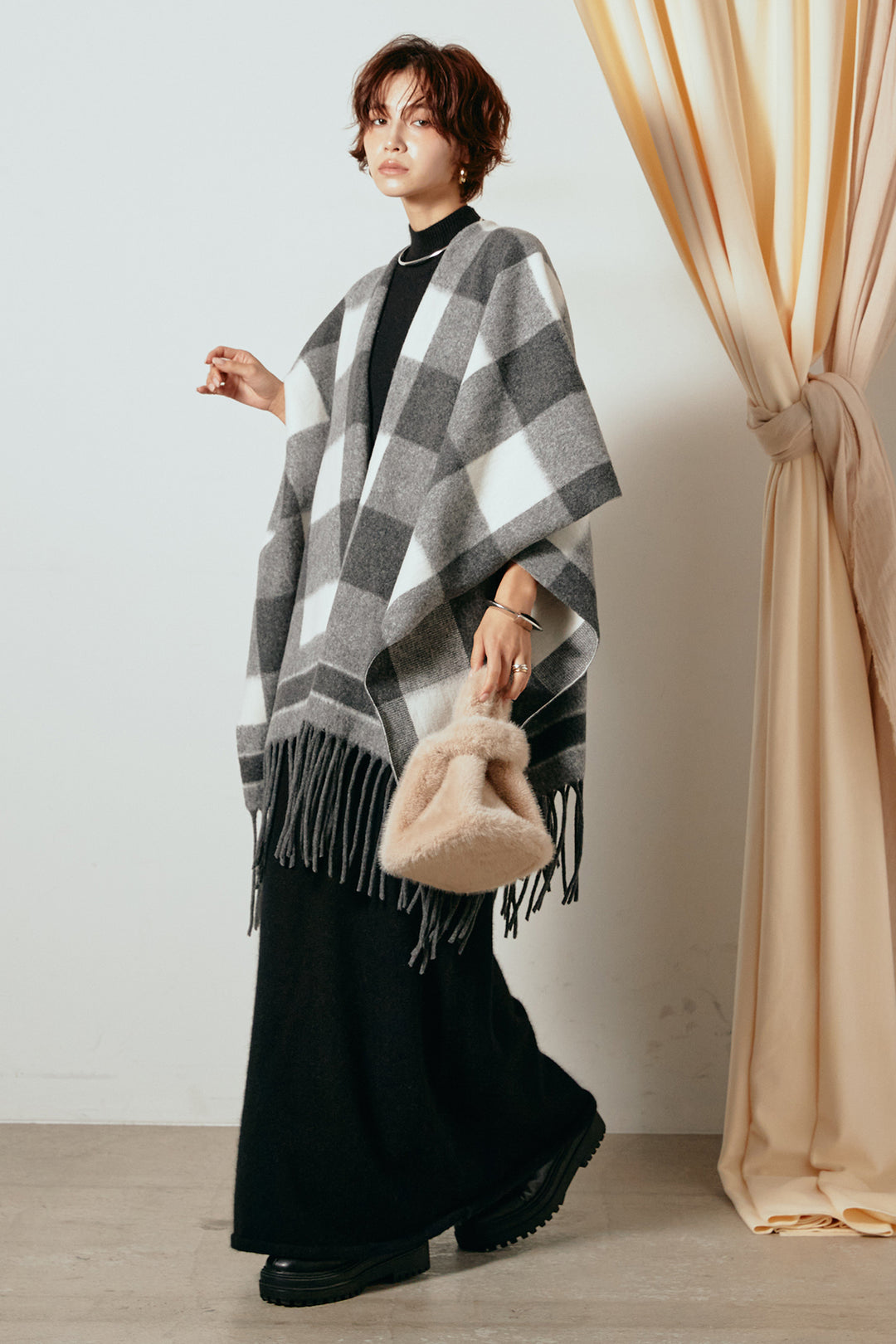 [SET]裾フリンジ柄ポンチョアウター+ノースリーブニットロングワンピース(2set)