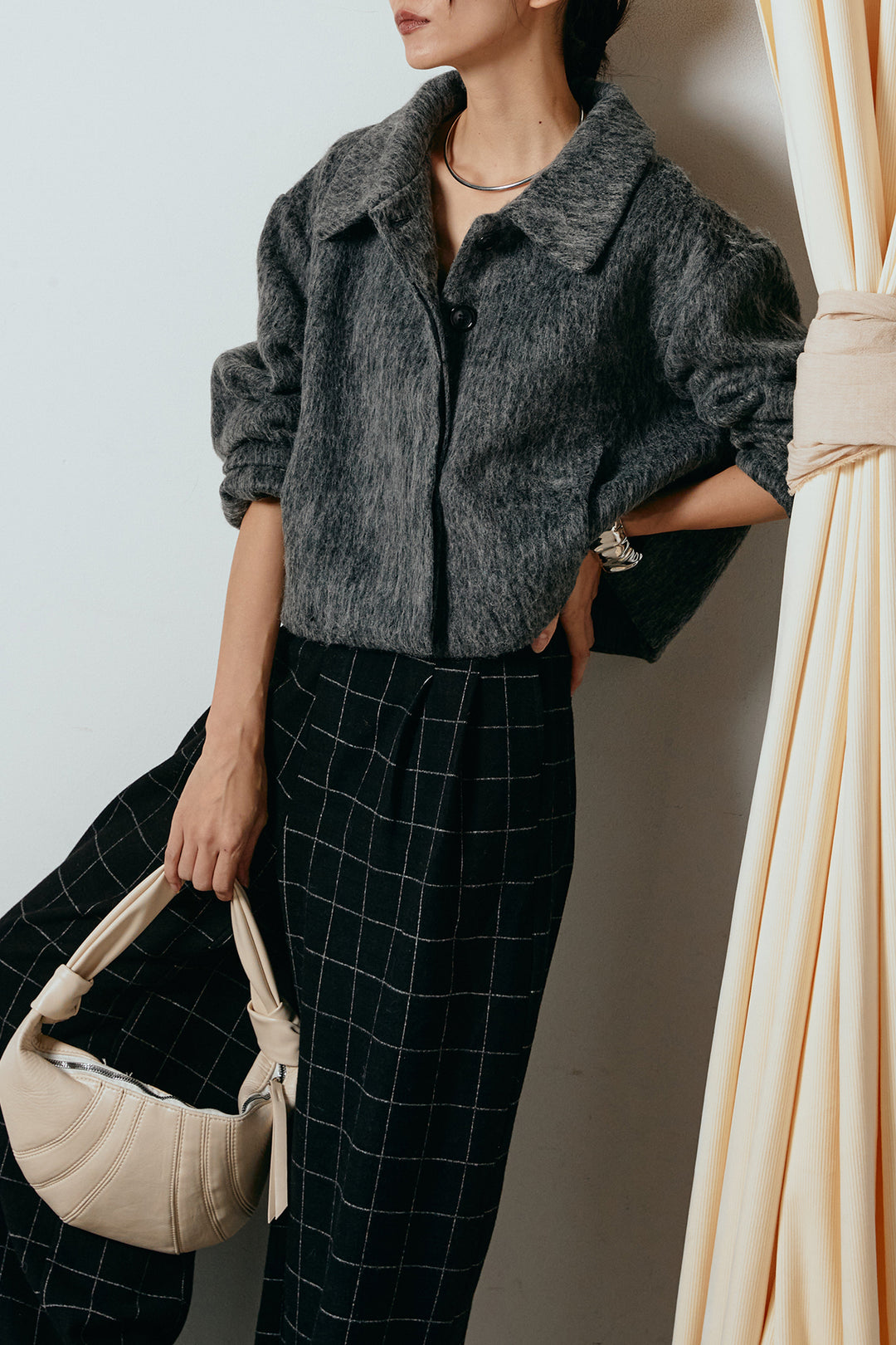 [SET]シャギーショートジャケット+スクエアチェック柄ワイドパンツ(2set)