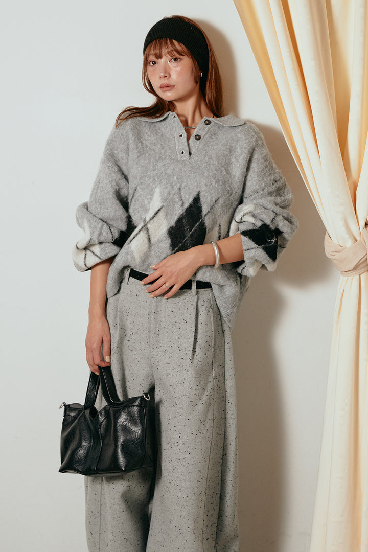 [SET]アーガイル柄ポロニットトップス+ベルト付きネップツイードカーブパンツ(2set)