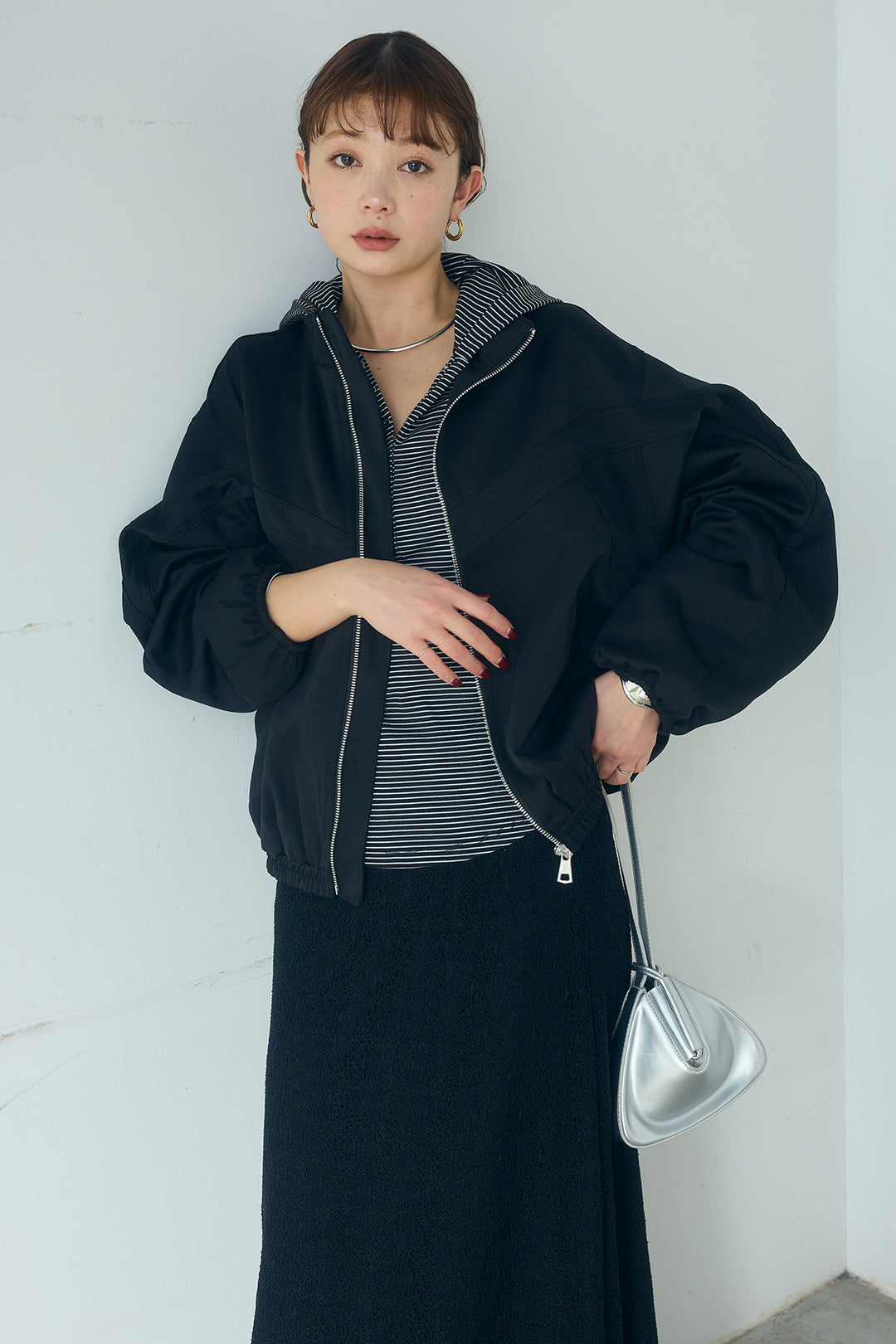 [SET]マルチ切り替えドルマンブルゾン+メッシュ刺繍ロングスカート+ボーダーフーディーロンT(3set)