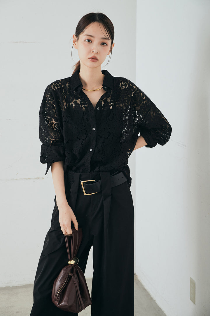 [SET]レース裾スカラップシャツ+ベルトループデザインハイウエストタックパンツ(2set)