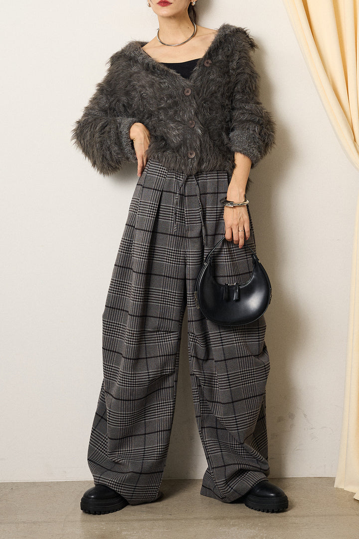 [SET]襟付きシャギーニットカーディガン+グレンチェックルーズタックパンツ(2set)