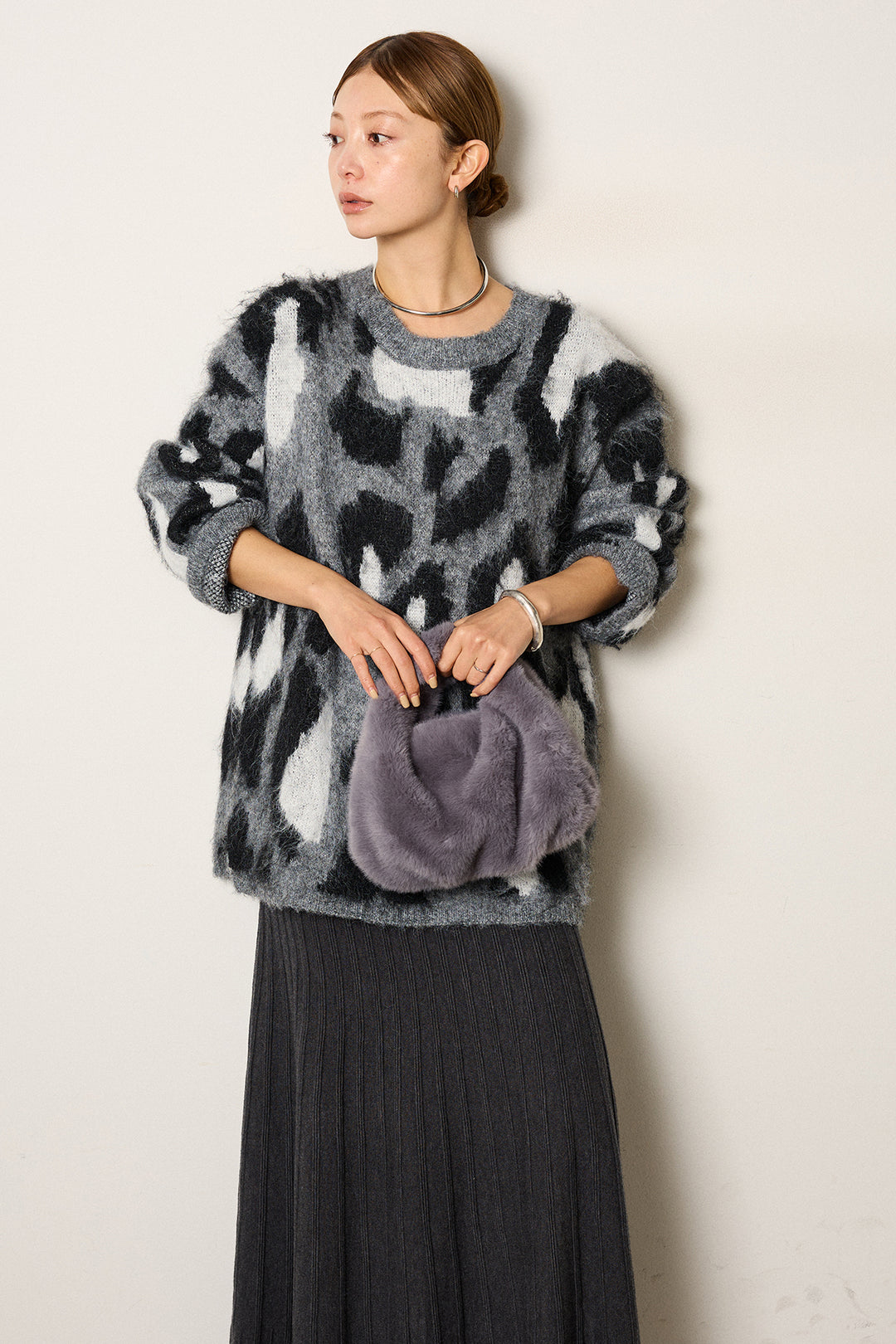 [SET]ルーズアニマルモヘアニットトップス+編み地切り替えフレアニットスカート(2set)