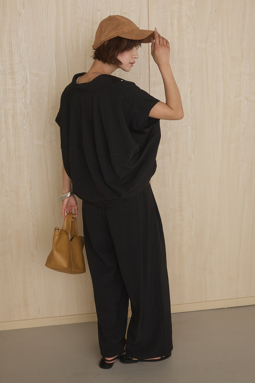 [SET]リネンライクランタンノースリシャツ+リネンライク2タックワイドパンツ(2set)