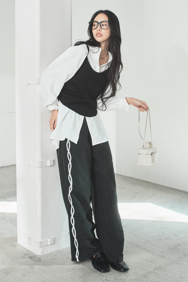 [SET]ニットキャミ付きシャツ+刺繡テープラインパンツ(2set)