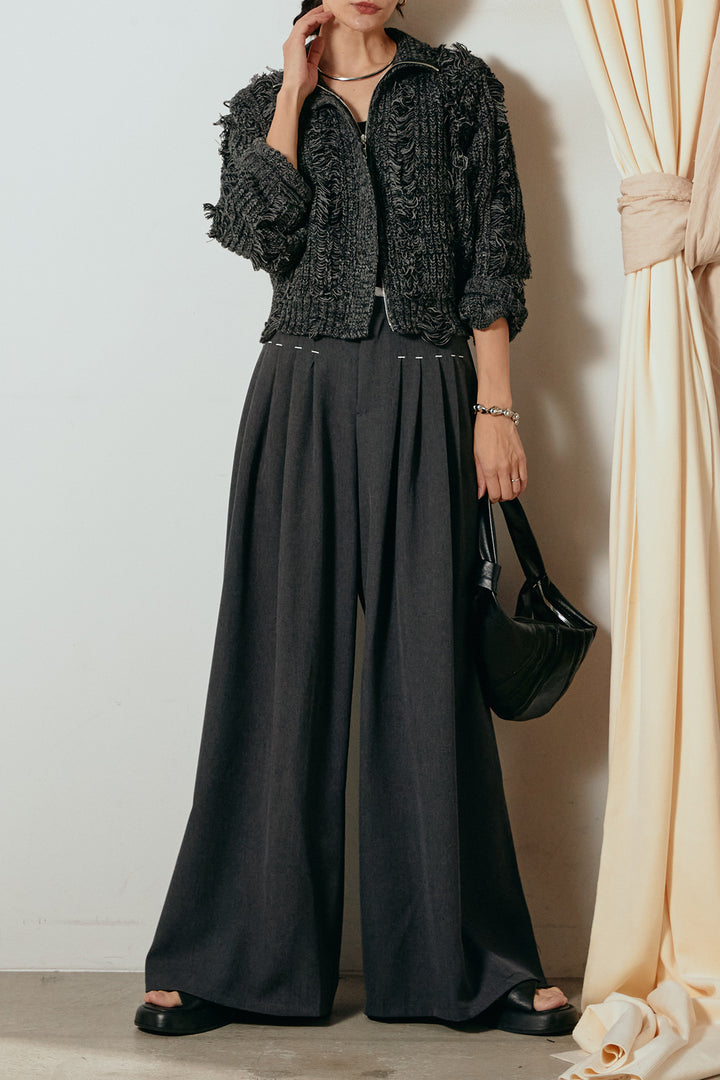 [SET]ハイネックフリンジジップニットトップス+ウエストステッチデザインワイドスラックス(2set)