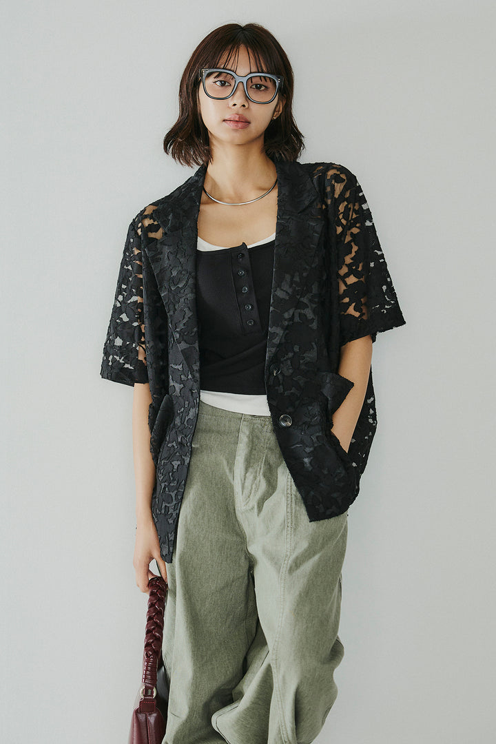 [SET]シアージャガードハーフスリーブテーラードジャケット+サイドベルトカーブワイドパンツ(2set)