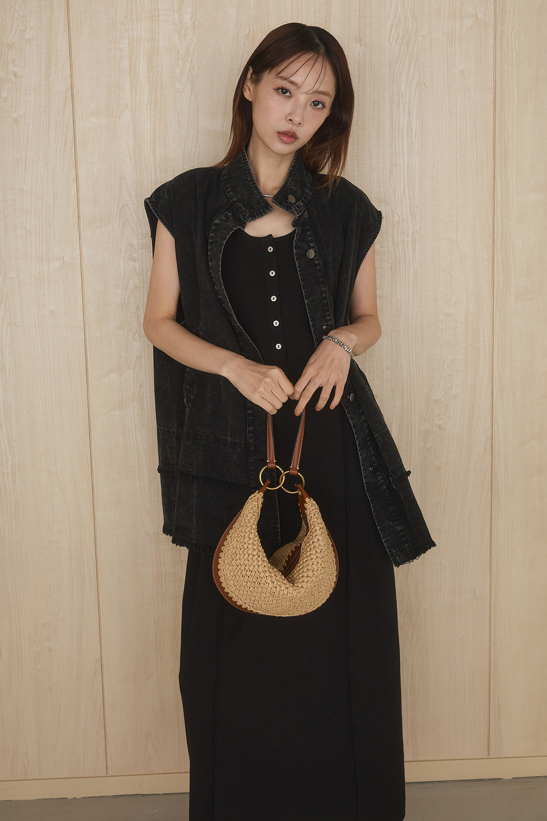 [SET]ケミカルデニムヘムカットオフジレ+ノースリロングワンピース(2set)