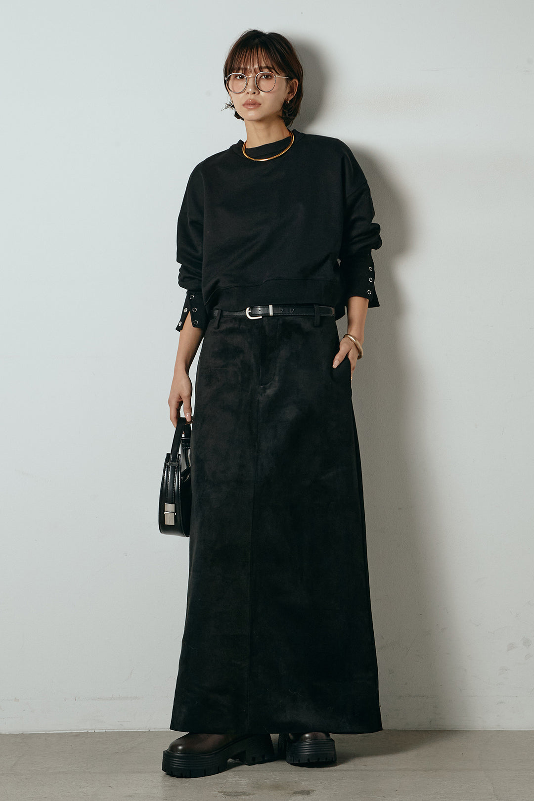 [SET]裏毛バックオープンプルオーバー+エコスウェードワイドスカート(2set)