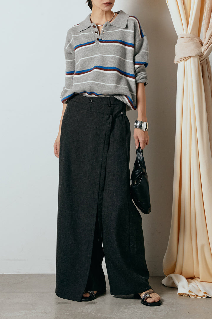 [SET]襟付きマルチボーダーニットポロトップス+ラップ巻きワイドスラックス(2set)
