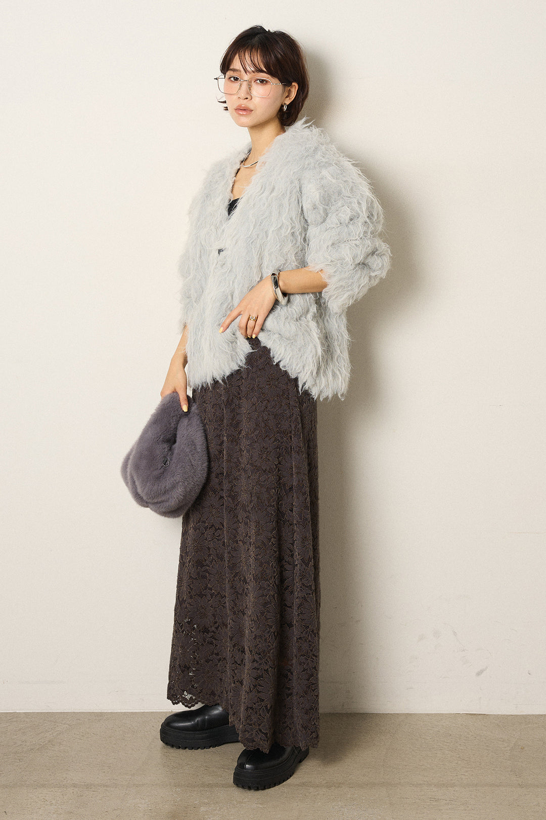 [SET]起毛シャギーニットカーディガン+花柄刺繍ベロアフレアスカート(2set)