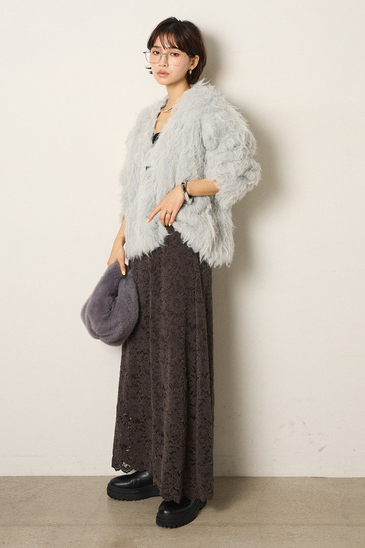 [SET]起毛シャギーニットカーディガン+花柄刺繍ベロアフレアスカート(2set)