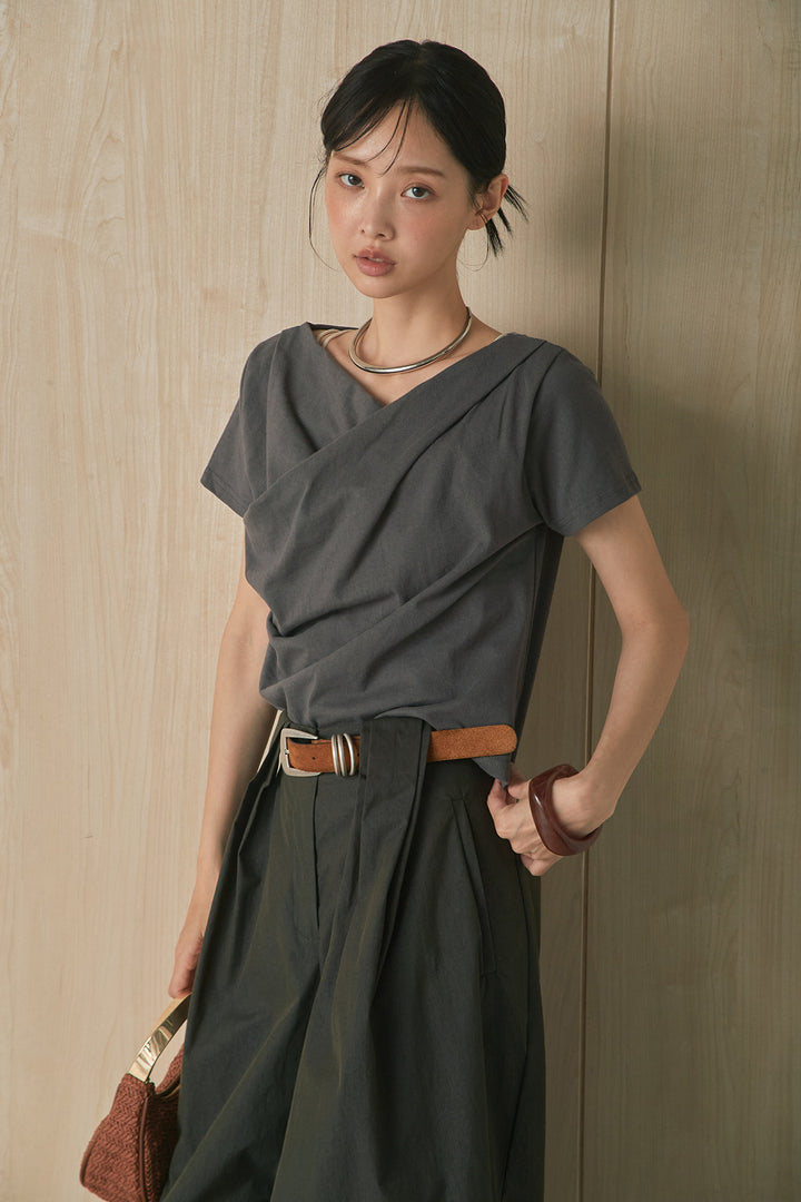 [SET]綿天竺半袖オフショルTシャツ+ニーサイドタックボリュームカーブパンツ(2set)