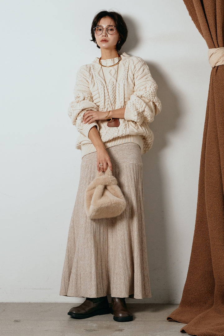 [SET]アラン柄ミックスケーブルニット+編み地切り替えフレアニットスカート(2set)