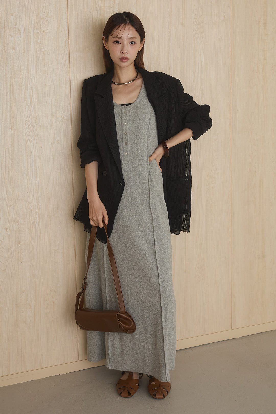 [SET]メッシュテーラードワイドジャケット+ノースリロングワンピース(2set)