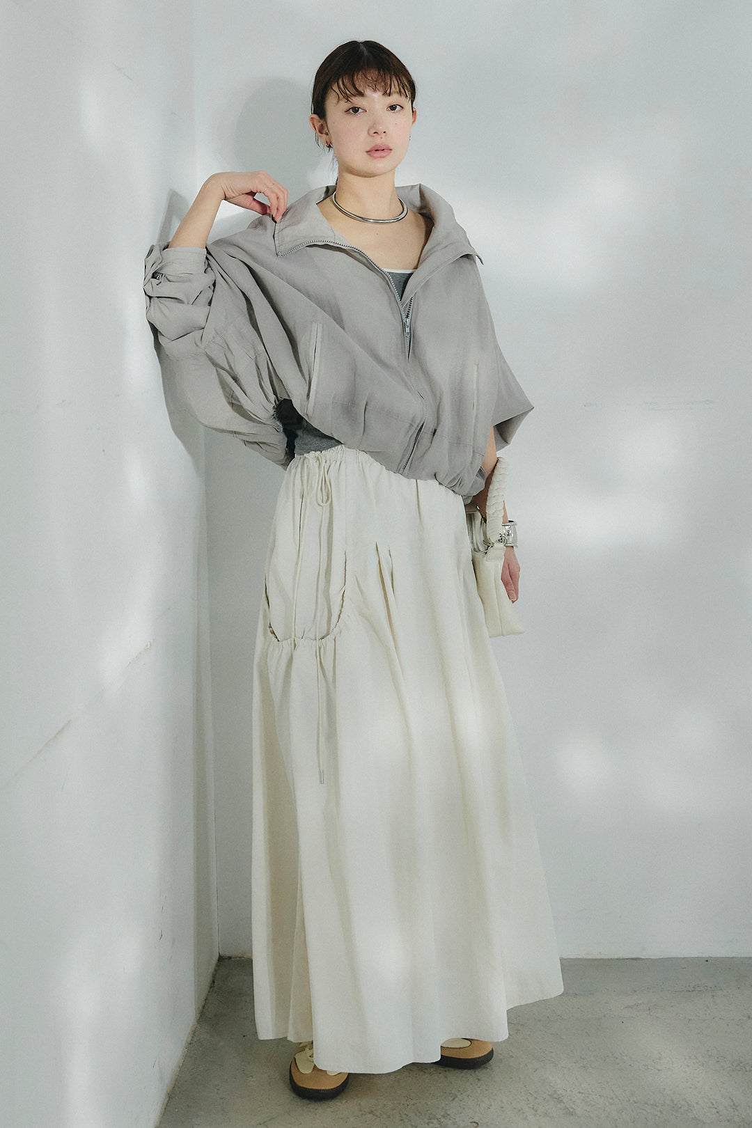 [SET]スタンドネックシアーブルゾン+ナイロンデザインフレアスカート(2set)