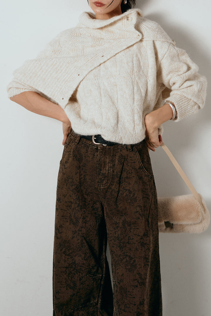 [SET]ケープデザインケーブルニットトップス+ベルト付きニュアンス柄カーブワイドパンツ(2set)