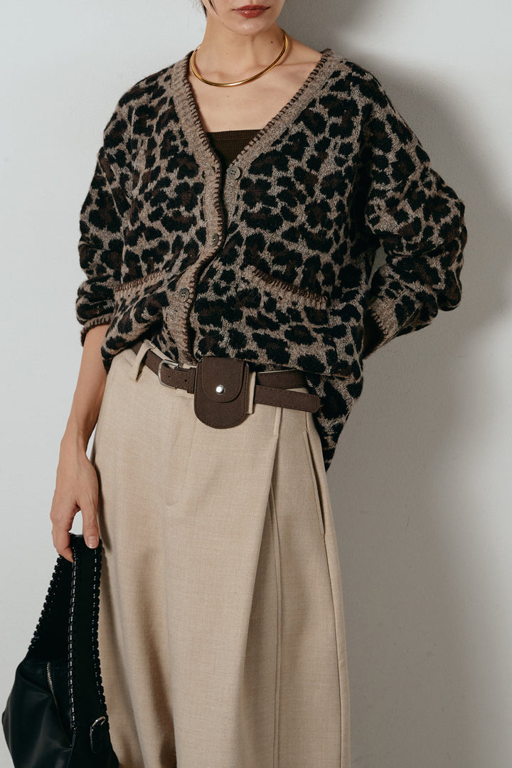 [SET]ステッチデザインレオパードニットカーディガン+ポーチベルト付きカーブパンツ(2set)
