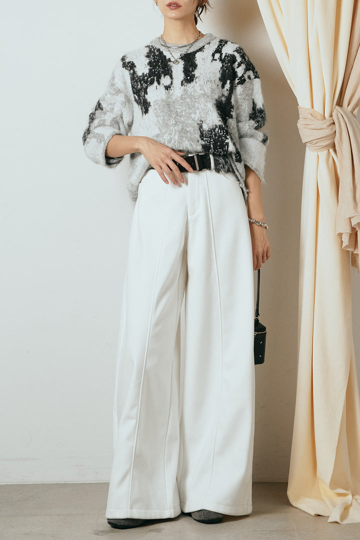 [SET]起毛ニュアンス柄ニットプルオーバー+ファーベルト付きワイドパンツ(2set)