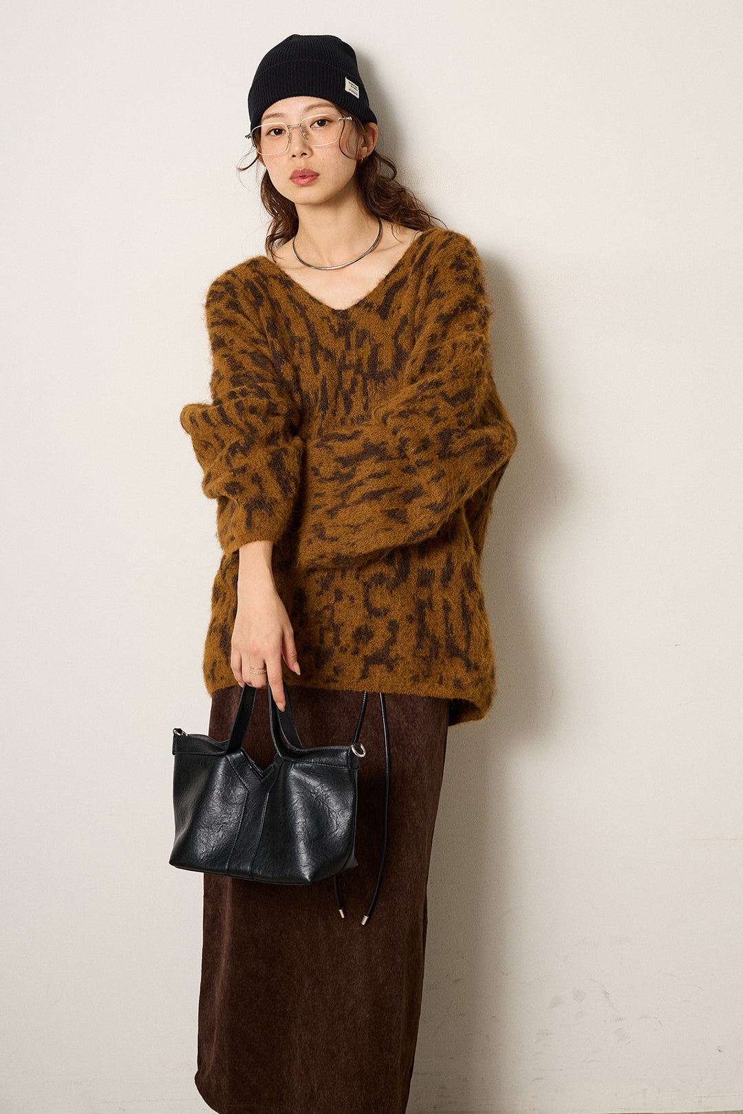 [SET]フラッフィーレオパードシャギーニット+ロープベルト付きスウェード調スカート(2set)