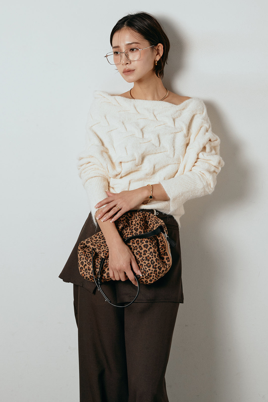 [SET]ボートネックニットトップス+ベルト付きウエストデザインパンツ(2set)