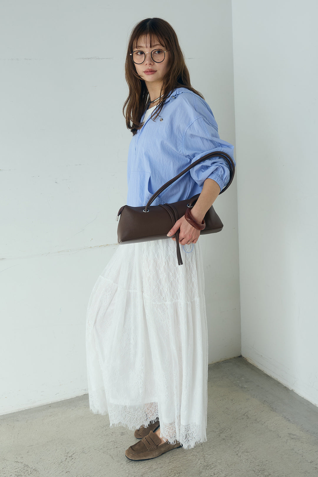 [SET]レイヤードデザインフーディートップス+ひげレース切替ロング丈スカート(2set)