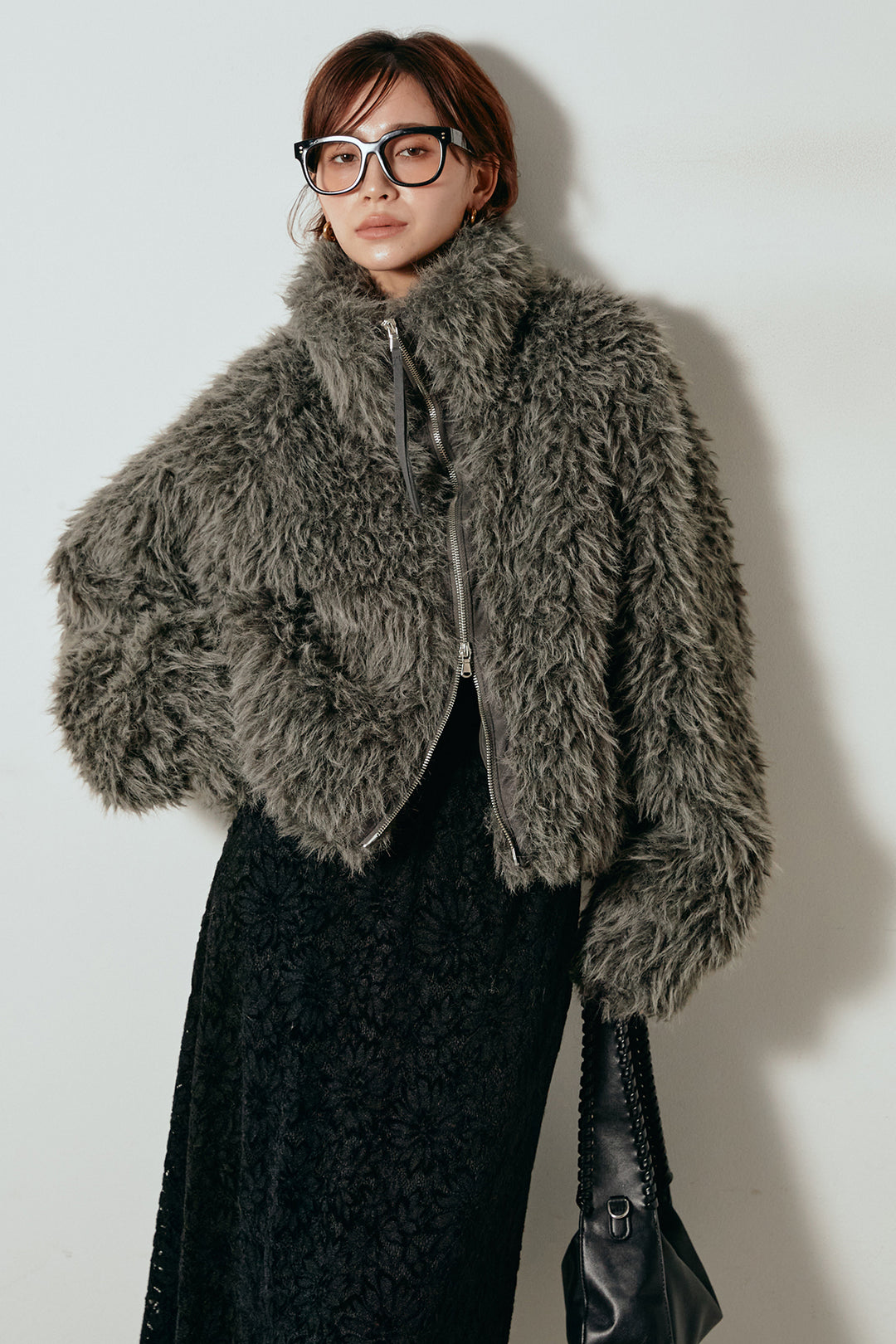 [SET]ミックスシープファースタンドブルゾン+花柄刺繍ベロアフレアスカート(2set)