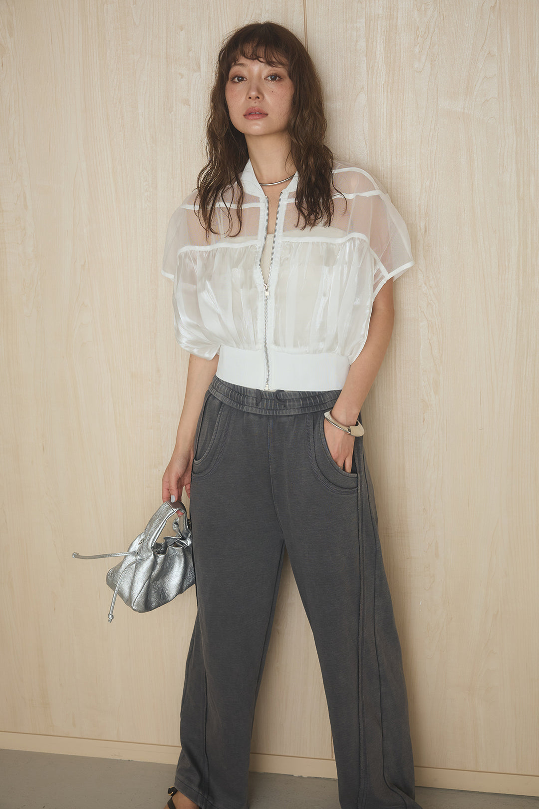 [SET]メッシュシアー切替ブルゾン+カーブフェードスウェットパンツ(2set)