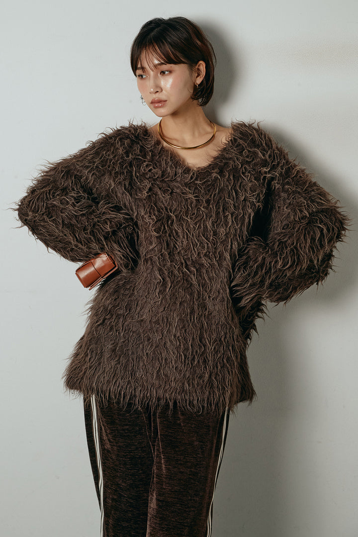 [SET]深Vネックシャギーニットトップス+リラックスサイドラインベロアワイドパンツ(2set)