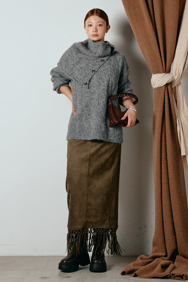 [SET]ケープデザインケーブルニットトップス+スウェードライク裾フリンジスカート(2set)