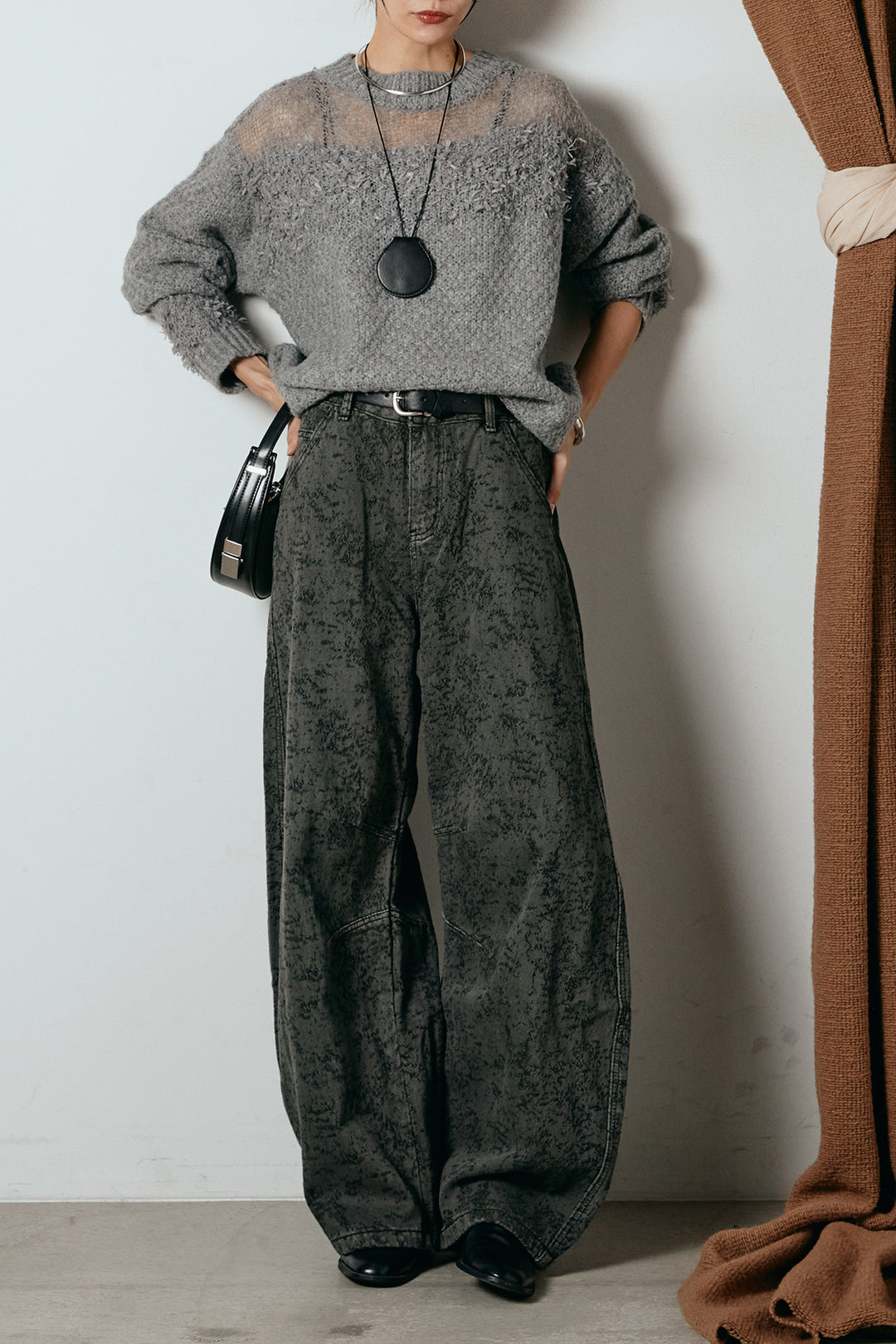 [SET]パターンランダム編みニットトップス+ベルト付きニュアンス柄カーブワイドパンツ(2set)