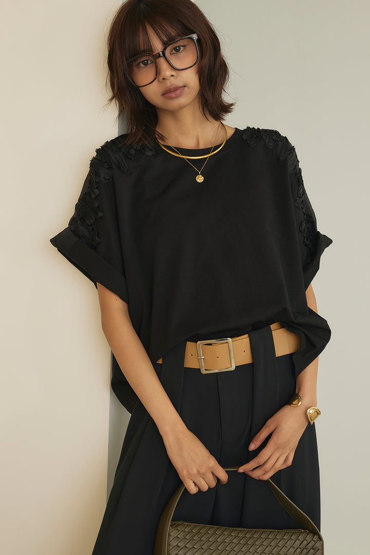 [SET]ショルダーシフォン刺繍カットソー+ドレープベルトループワイドパンツ(2set)