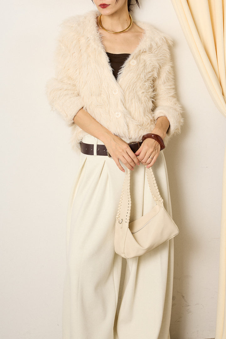 [SET]襟付きシャギーニットカーディガン+フェイクレザー太ベルト付きタックワイドパンツ(2set)