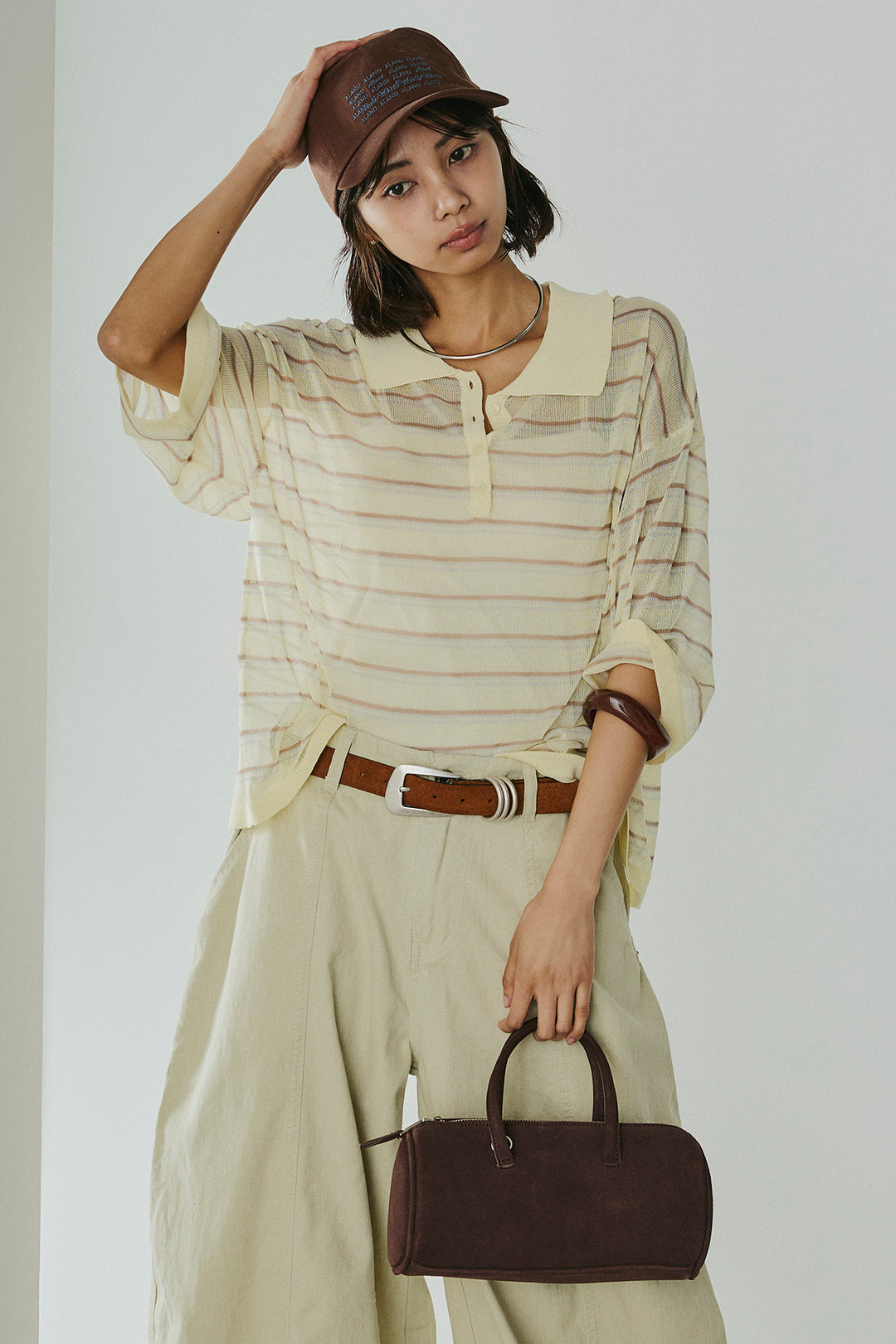 [SET]ボーダーニットポロシャツ+サイドベルトカーブワイドパンツ(2set)