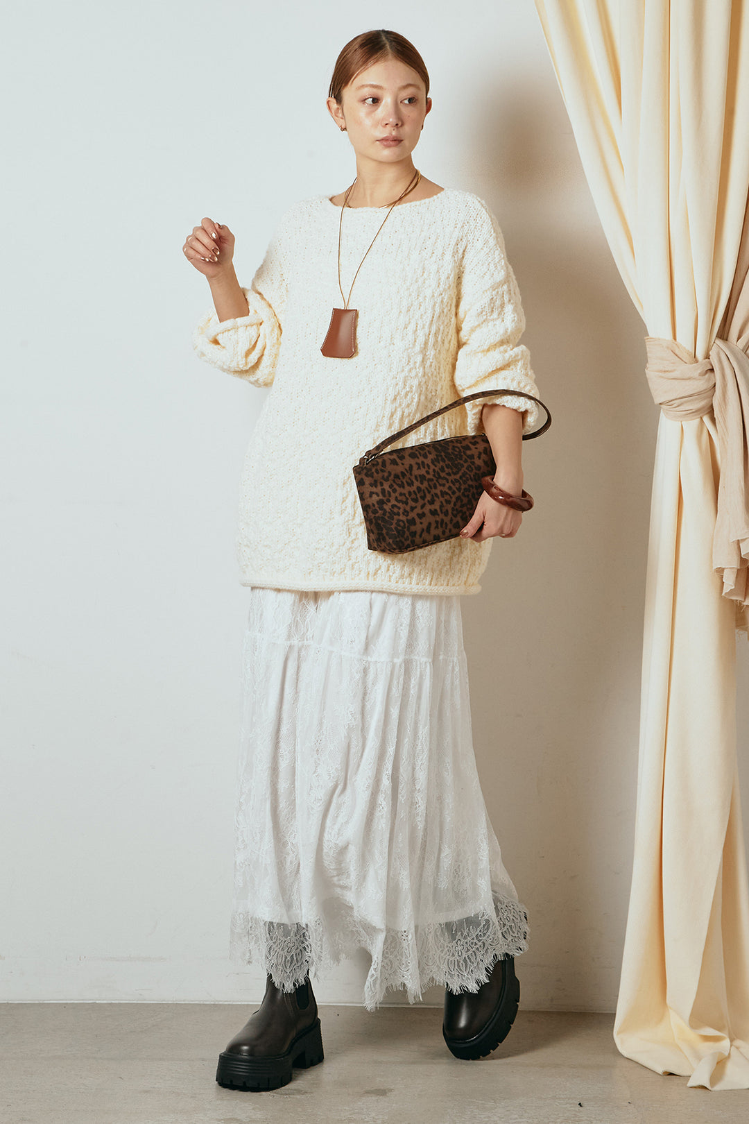 [SET]ボリューム編みニットプルオーバー+ひげレース切替ロング丈スカート(2set)