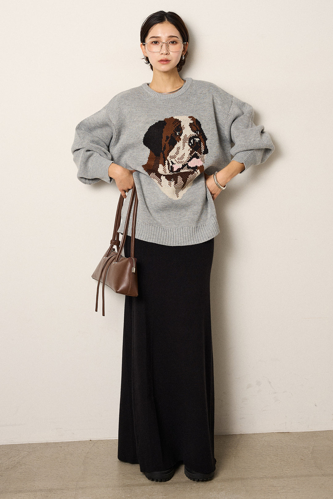 [SET]アニマルジャガード柄ニットトップス+リブナローニットスカート(2set)