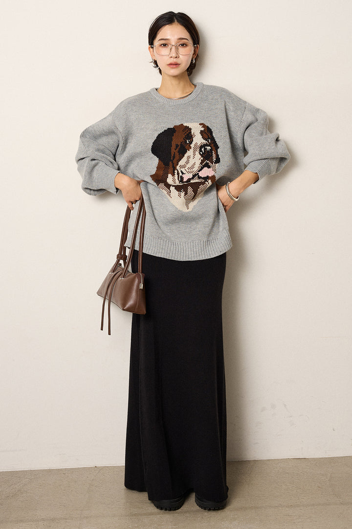 [SET]アニマルジャガード柄ニットトップス+リブナローニットスカート(2set)