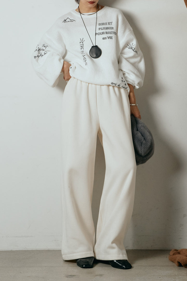 [SET]刺繍ロゴランダムデザインニットトップス+裏起毛スウェットワイドパンツ(2set)