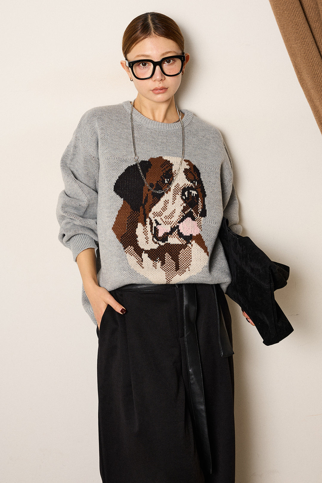 [SET]アニマルジャガード柄ニットトップス+巻ベルトウエストレザーライクワイドパンツ(2set)