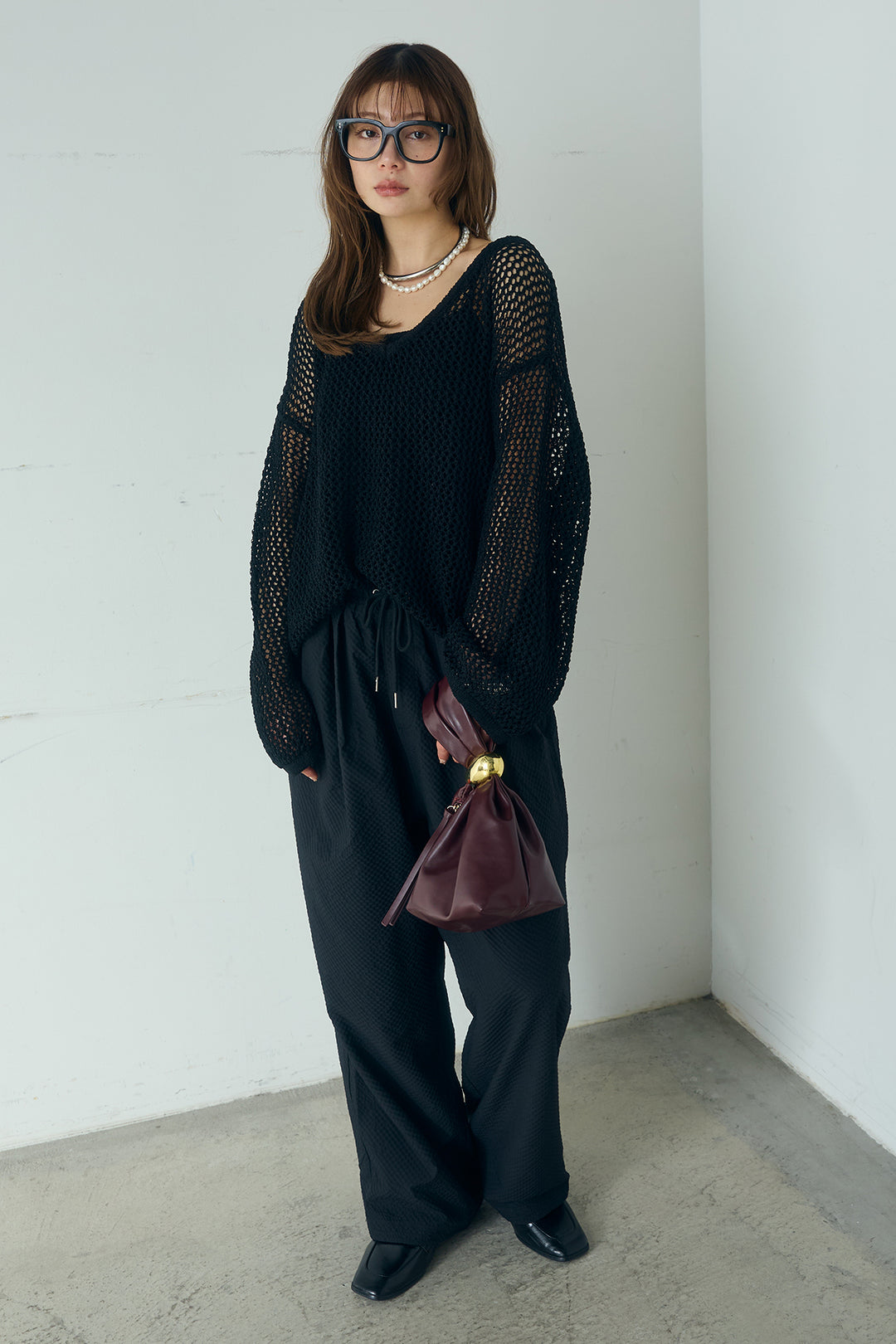 [SET]メッシュ編みビスチェセットVネックプルオーバー+シアサッカーイージーパンツ(2set)