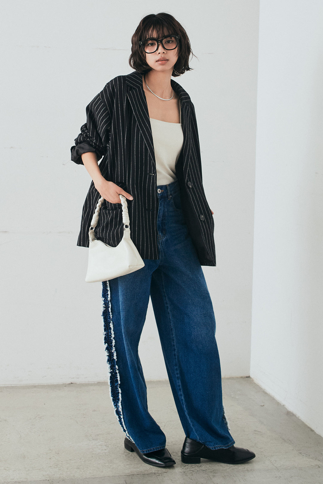 [SET]リネンライクストライプテーラードジャケット+デニムサイドフリルパンツ(2set)
